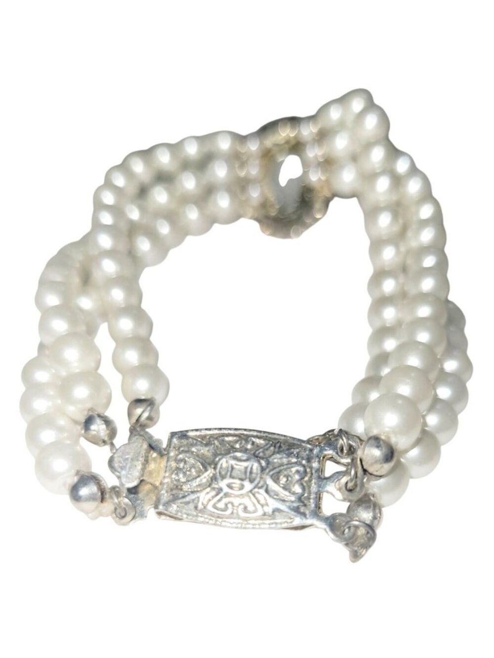 Faux Pearl With Tear Drop Crystal Cabochon Three Row Bracelet Silver Tone Clasp - Picture 6 of 10